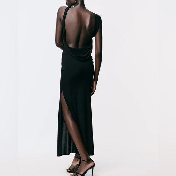Zara Dresses & Skirts - Zara Black Fitted Wrap Midi Dress Gold Neck Detail Criss-cross Back Slit NWT S